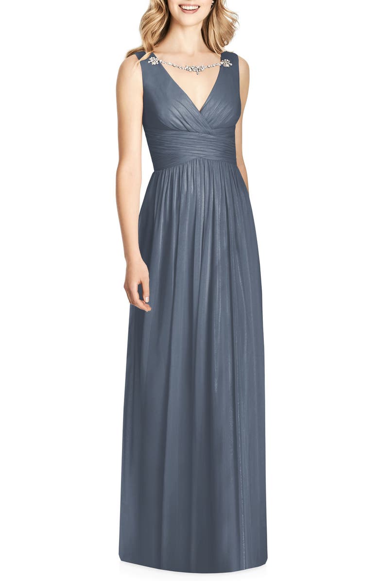 Jenny Packham Crystal Appliqué Chiffon A-Line Gown, Main, color, 