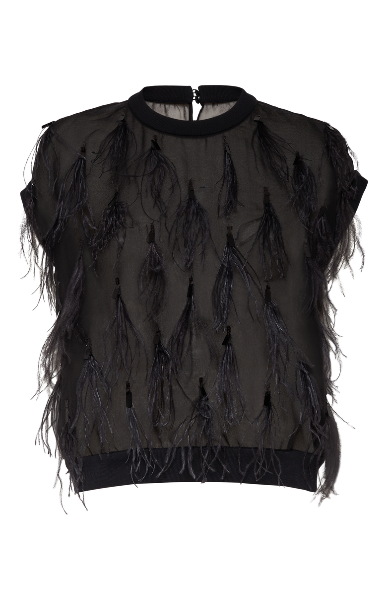 Brunello Cucinelli Crispy silk top with dazzling feather embroidery, Main, color, 