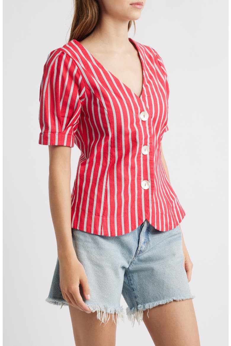 Stripe Organic Cotton & Linen Button-Up Top, Alternate, color, RED
