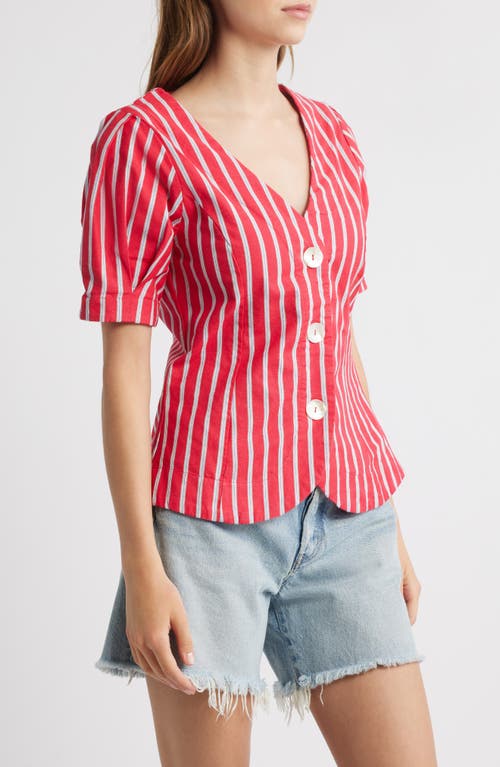 Damson Madder Womens Shell Stripe-print Cotton And Linen-blend Blouse In Red