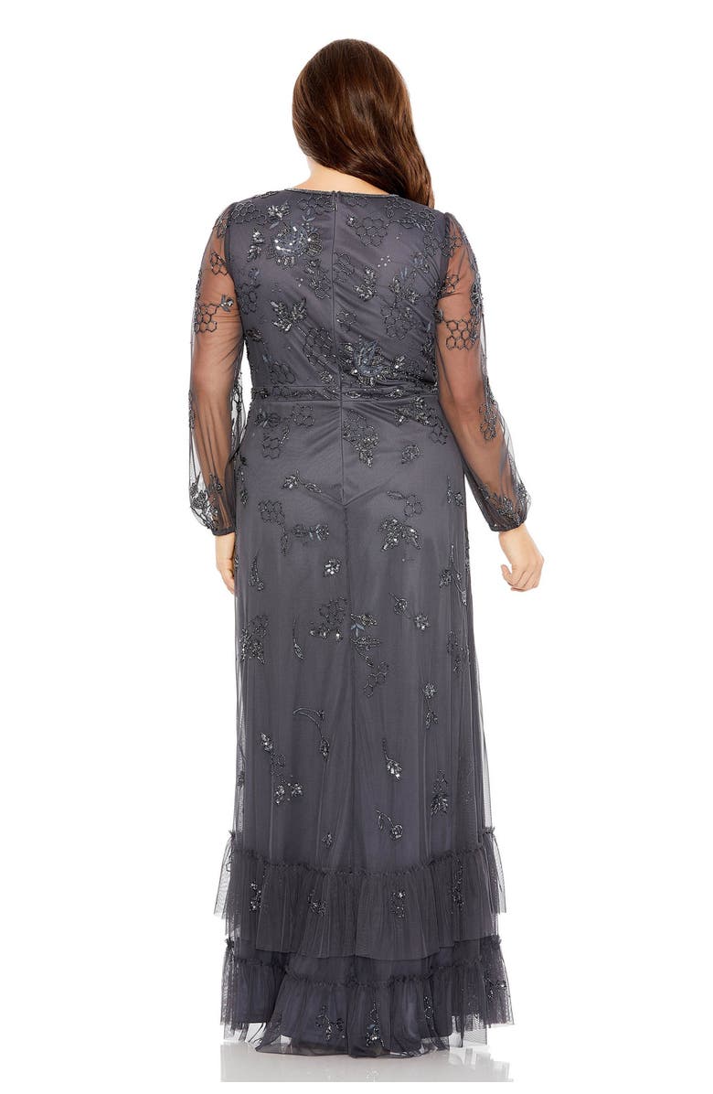 Mac Duggal Puff Sleeve V-Neck TIered Embellished Gown, Alternate, color, Charcoal