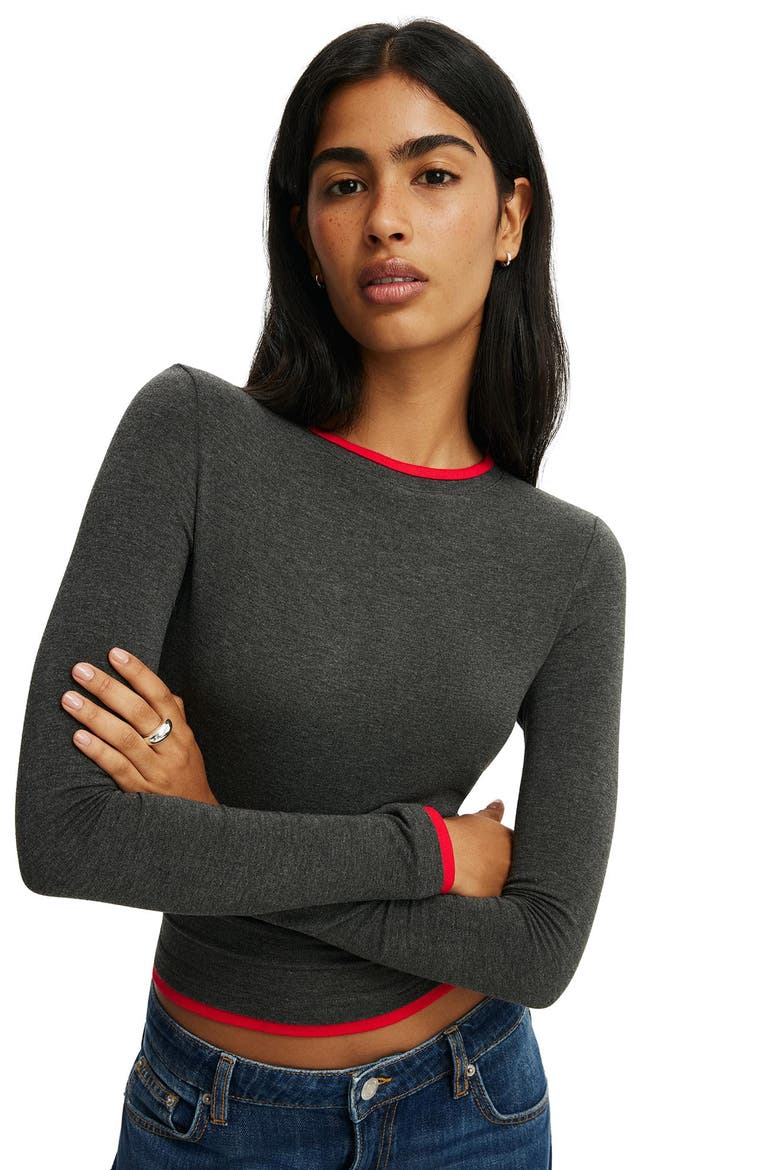 Women's Double Layer Long Sleeve, Alternate, color, Charcoal Marle Red Petal