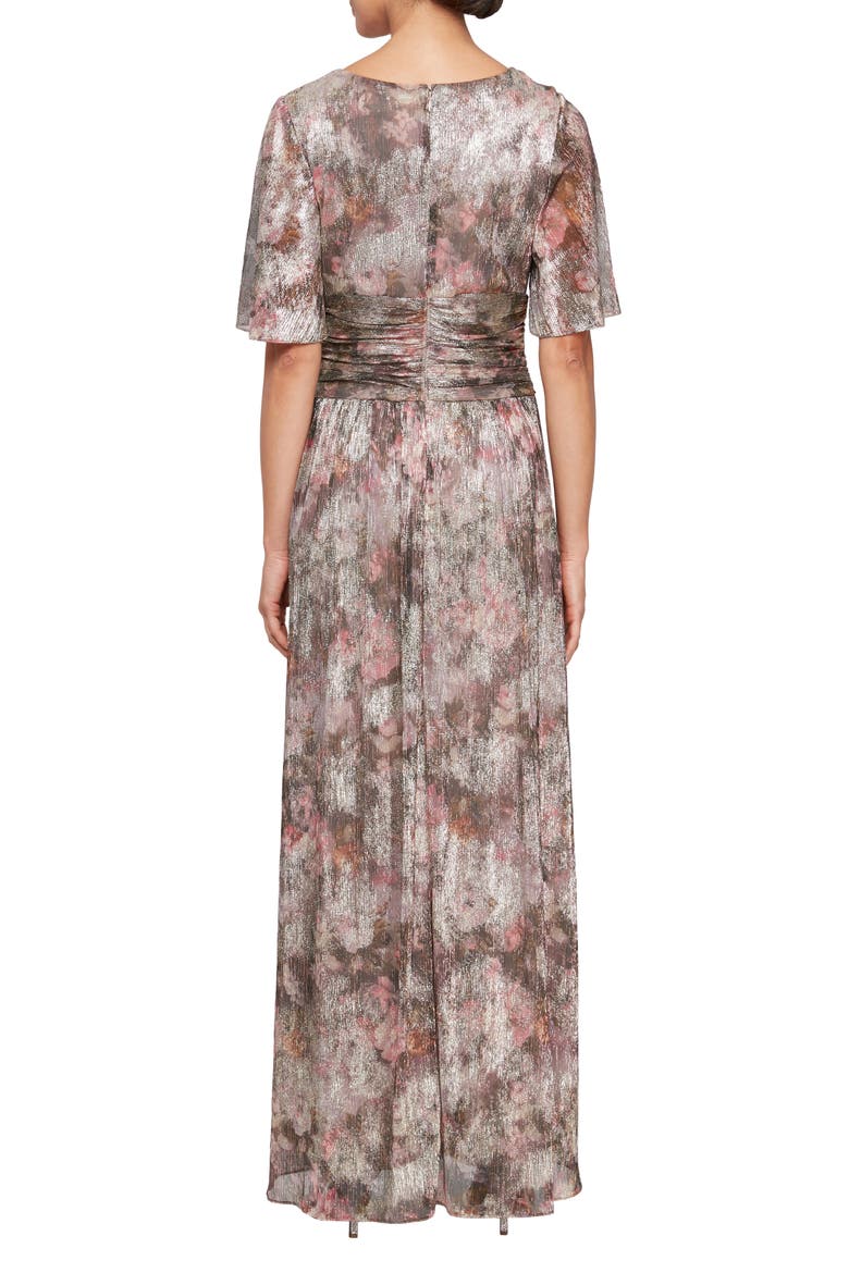Floral Metallic Flutter Sleeve Gown, Alternate, color, TAUPE MULTI