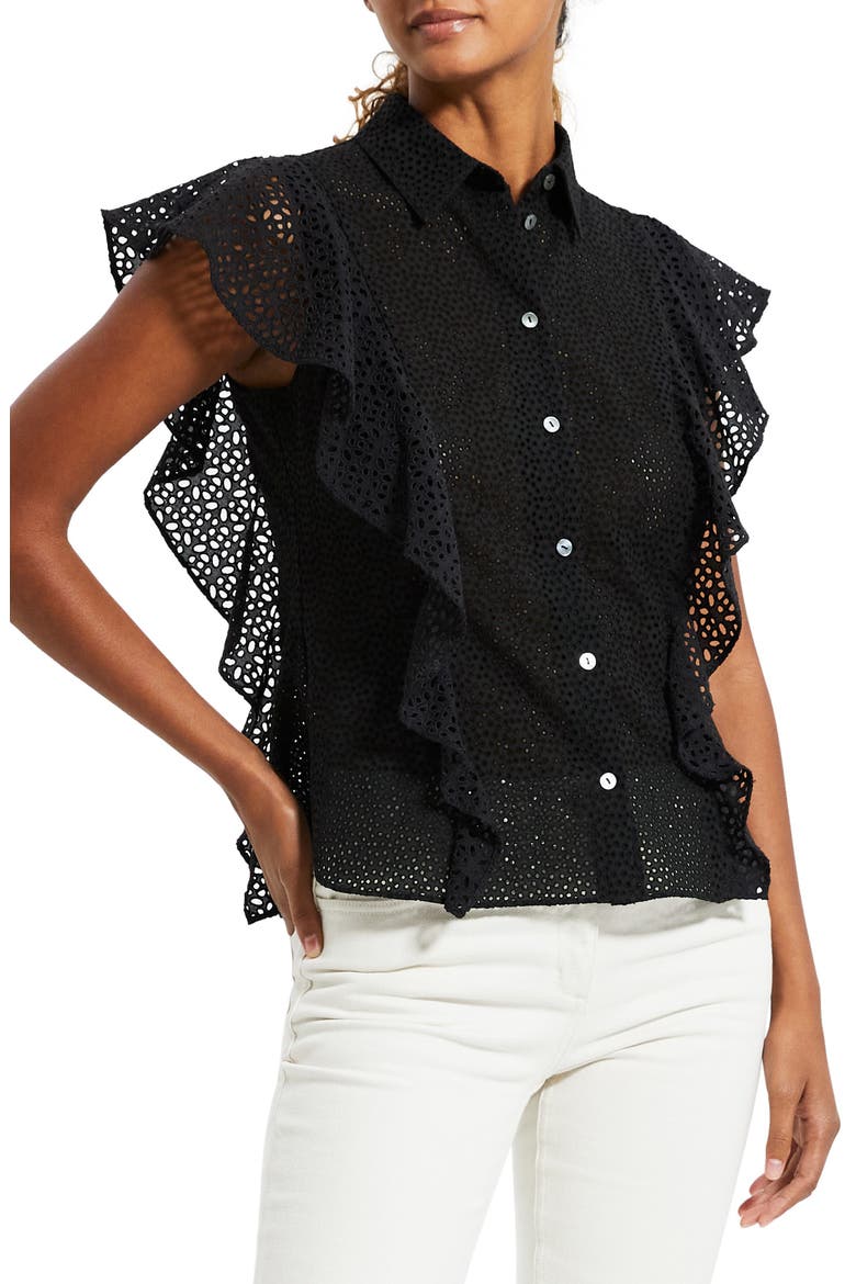 Nova Flutter Sleeve Eyelet Cotton Blouse, Main, color, BLACK