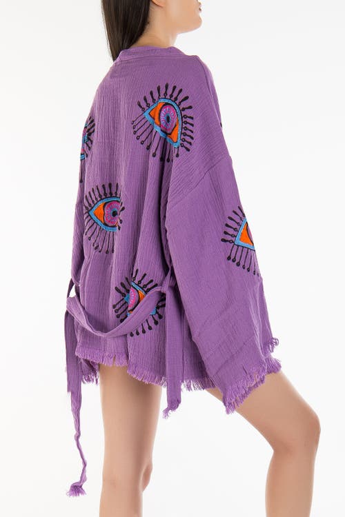 Forever & Always Shoes Sereia Evil Eye Handmade Cotton Short Kimono In Purple