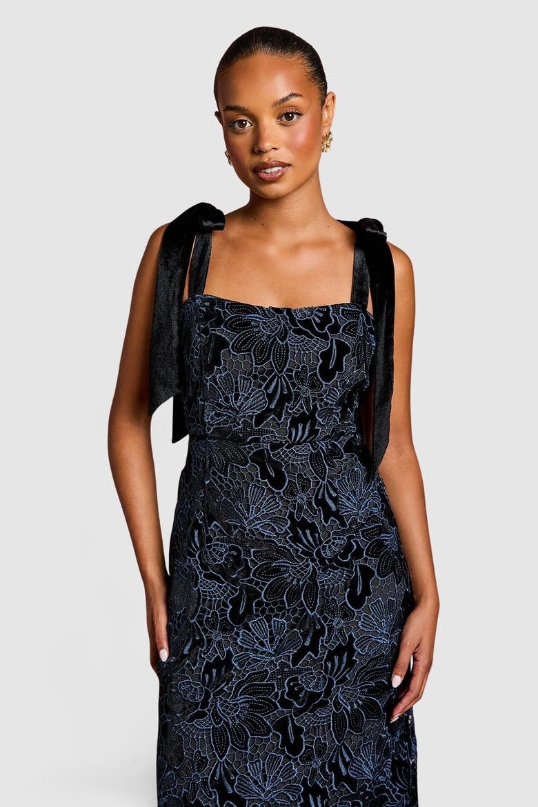 Petite Velvet Lace Tie Shoulder Dress, Alternate, color, Black
