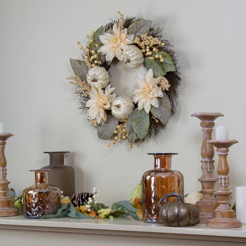 Northlight 22in Dahlia & Pumpkin Fall Artificial Floral Wreath In Multi