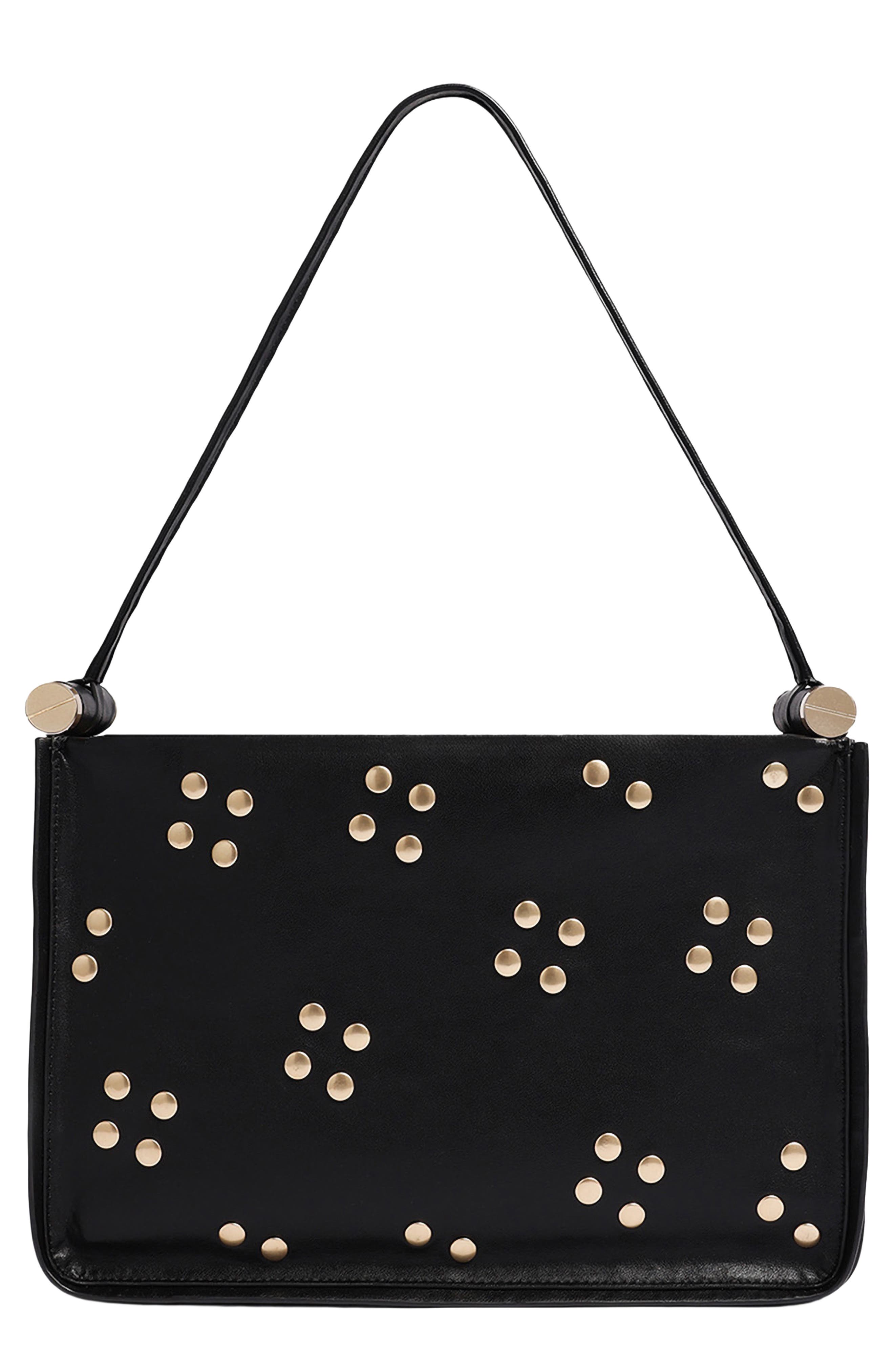 Floral Stud Large Top Handle Leather Bag, Main, color, BLACK