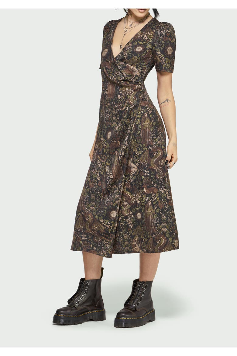 Haunt Medieval Print Wrap Midi Dress, Alternate, color, Brown