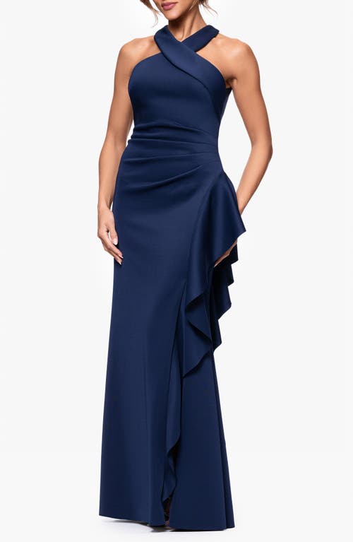Xscape Evenings Ruffle Scuba Crepe Gown In Midnight