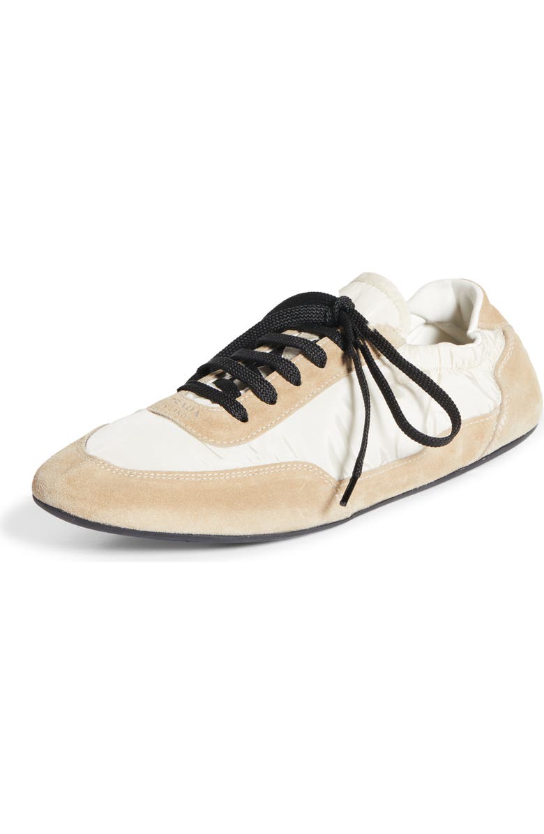 Prada Collapse Mixed Media Low Top Sneaker, Main, color, Beige