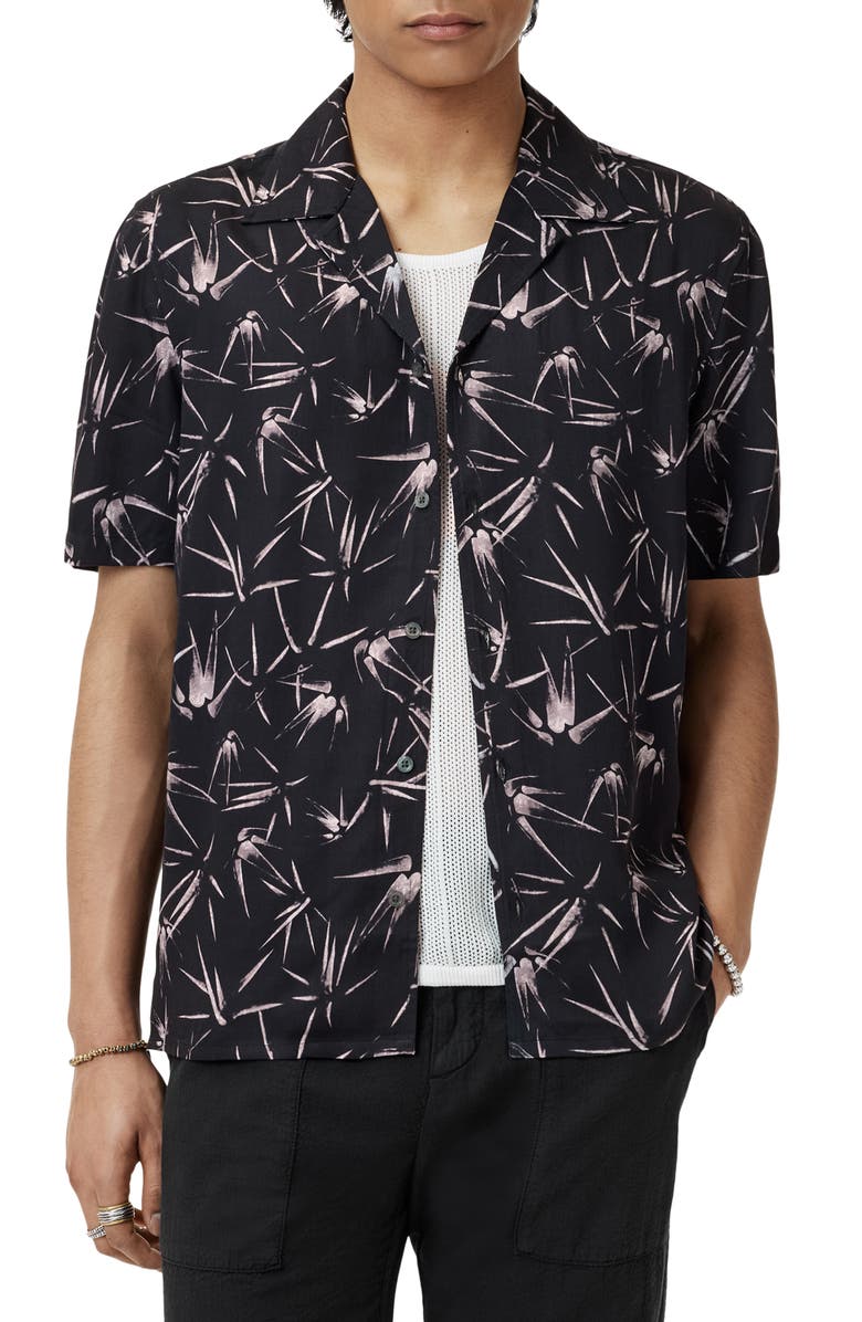 John Varvatos Dan Print Modal Camp Shirt, Alternate, color, Black
