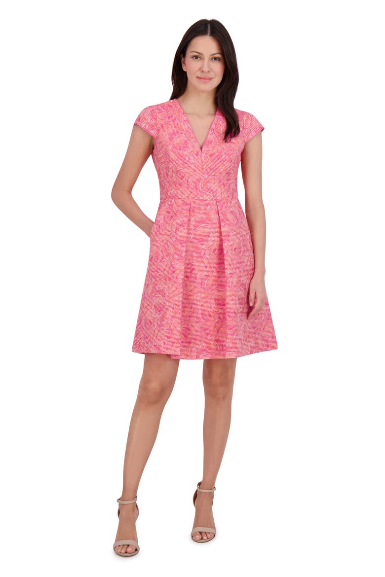 Metallic Floral Jacquard Fit & Flare Dress, Alternate, color, PINK