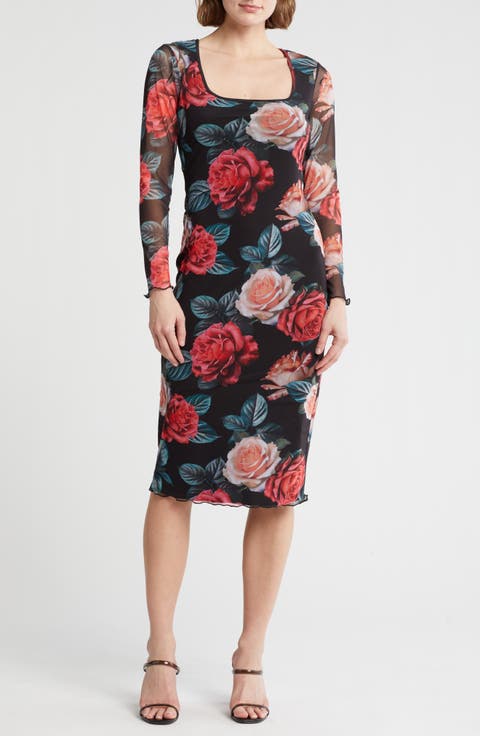 Square Neck Long Sleeve Mesh Dress
