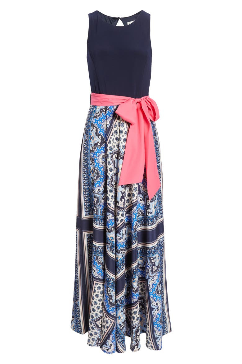 Twofer Mixed Media Scarf Print Maxi Dress, Alternate, color, NAVY