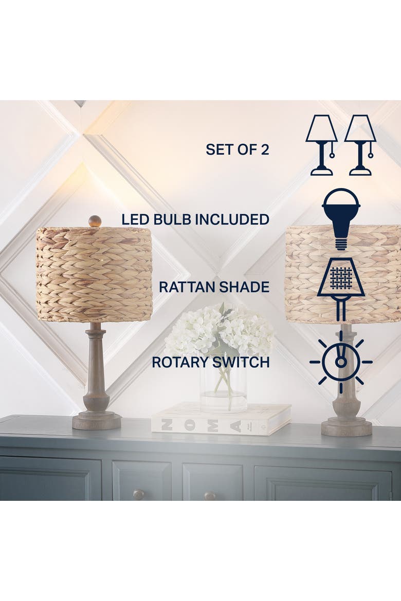 Leona 21.25" Rustic Farmhouse Handwoven Water Hyacinth/Resin LED Table Lamp, Brown Wood Finish, Alternate, color, Brown Wood Finish