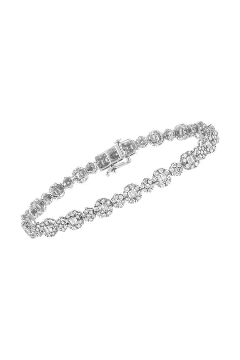 10K White Gold 4.0 cttw and Baguette Diamond Floral Cluster Link Bracelet, Alternate, color, White