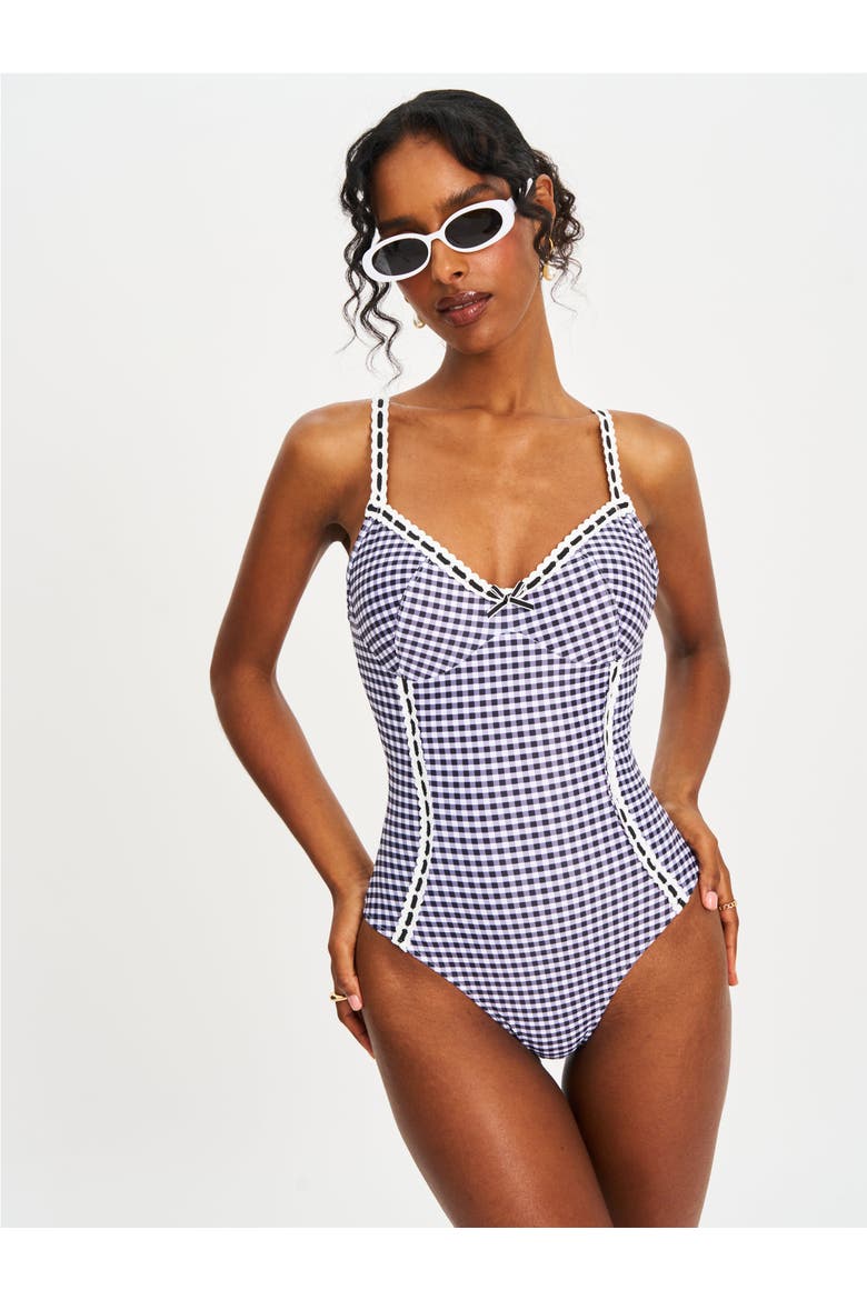 Gigi Gingham Lace Strap Backless Swimsuit, Alternate, color, Black