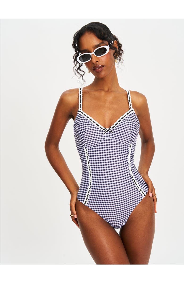 Miss Circle Gigi Gingham Lace Strap Backless Swimsuit, Alternate, color, Black
