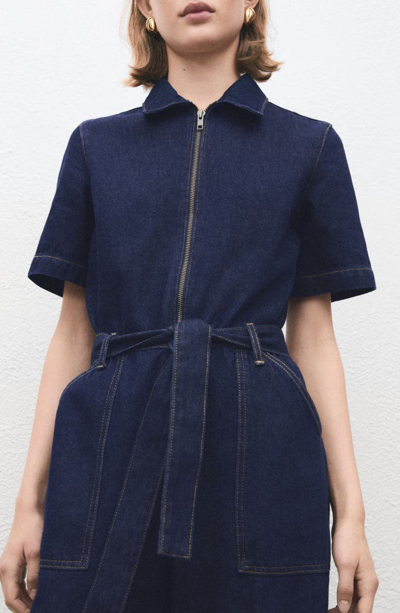 MANGO Belted Denim Jumpsuit, Alternate, color, Open Blue