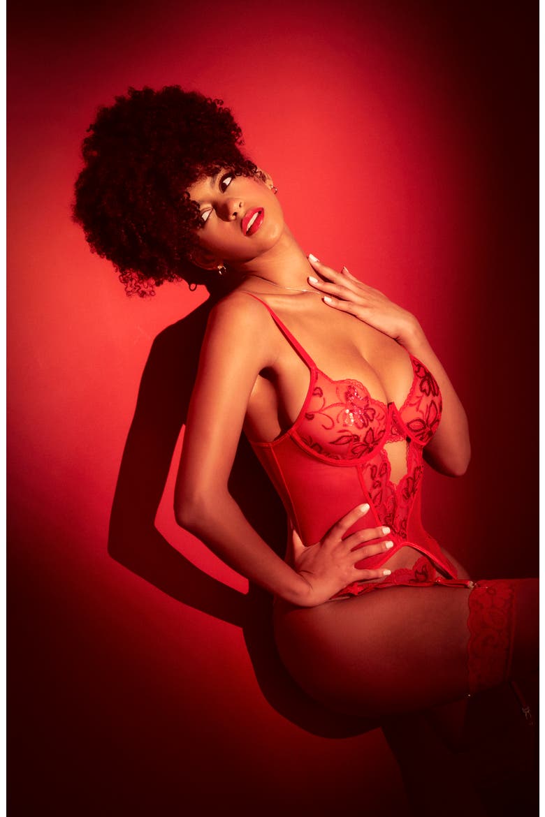 Floral Sequin Basque & G-String Set, Alternate, color, RED