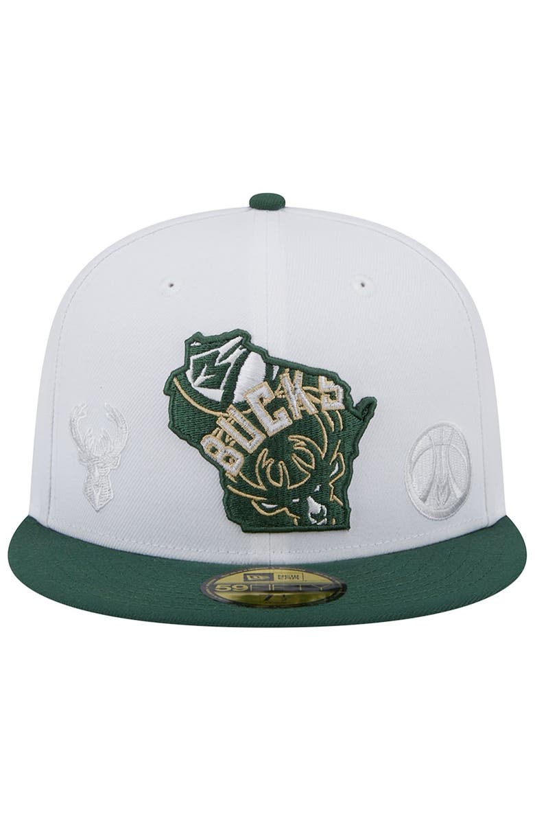 New Era Men's New Era White/Hunter Green Milwaukee Bucks State Pride 59FIFTY Fitted Hat, Alternate, color, 