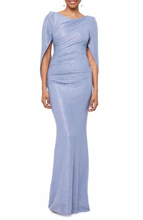 Betsy & Adam Cape Sleeve Metallic Crinkle Gown