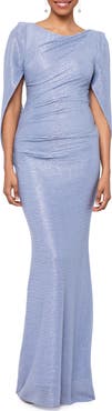 Betsy & Adam Cape Sleeve Metallic Crinkle Gown