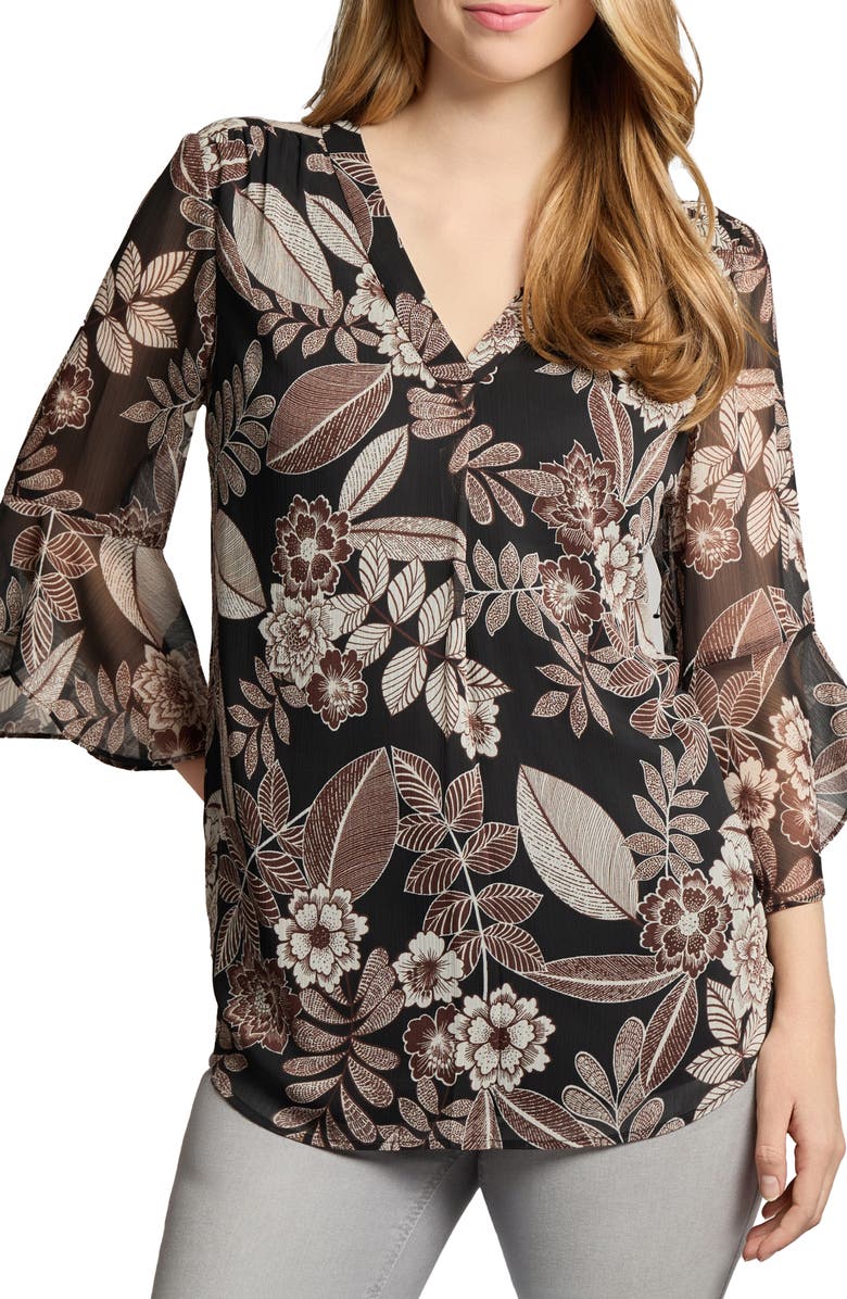 Jones New York Floral V-Neck Flutter Sleeve Top, Main, color, 