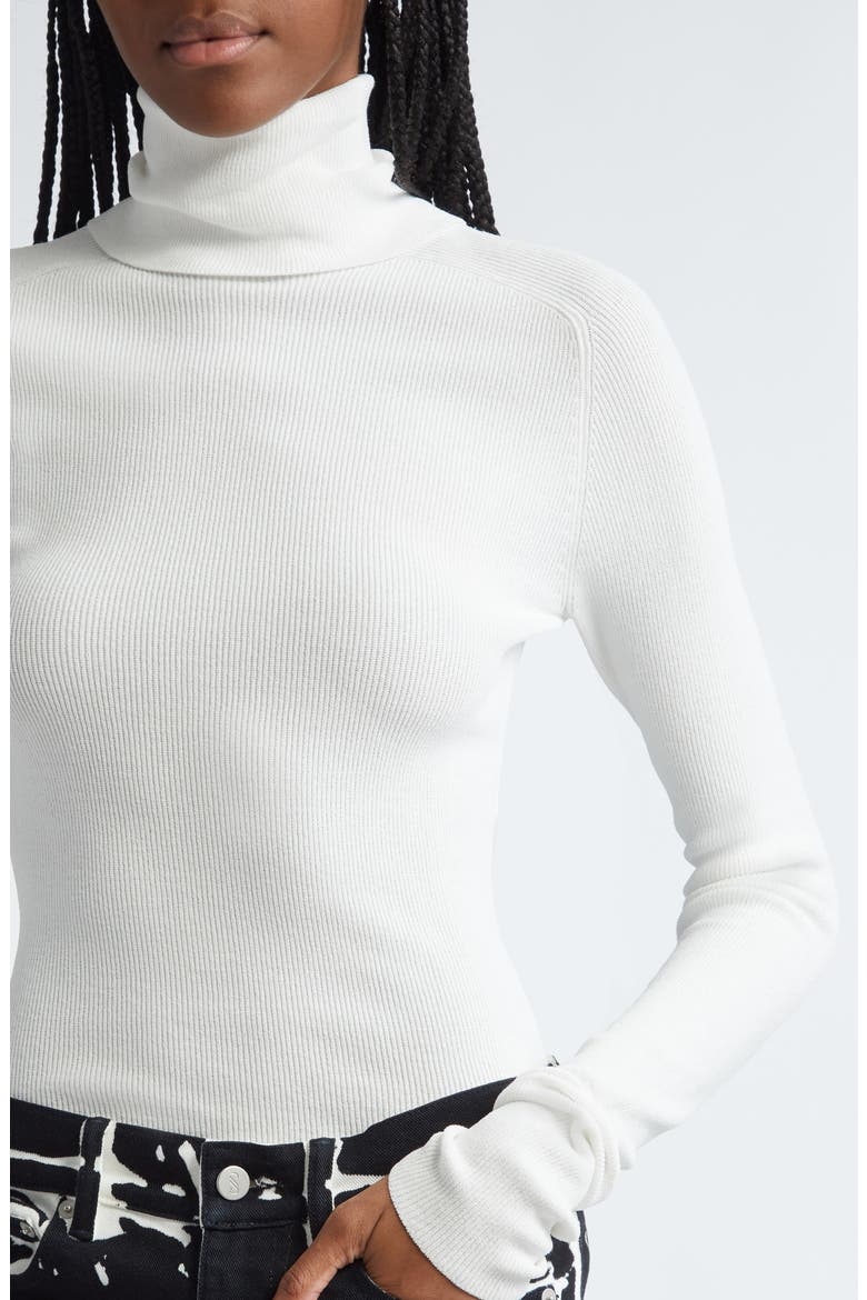 Fox Longline Logo Rib Turtleneck Top, Alternate, color, WHITE