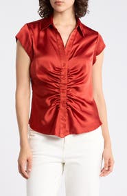 DR2 by Daniel Rainn Ruched Satin Button-Front Cap Sleeve Blouse