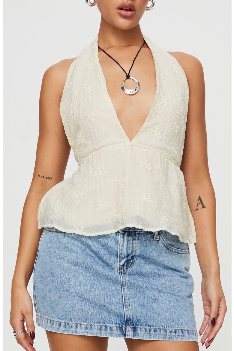 Sosna Embroidered Open Back Halter Top, Main, color, MEDIUM BEIGE