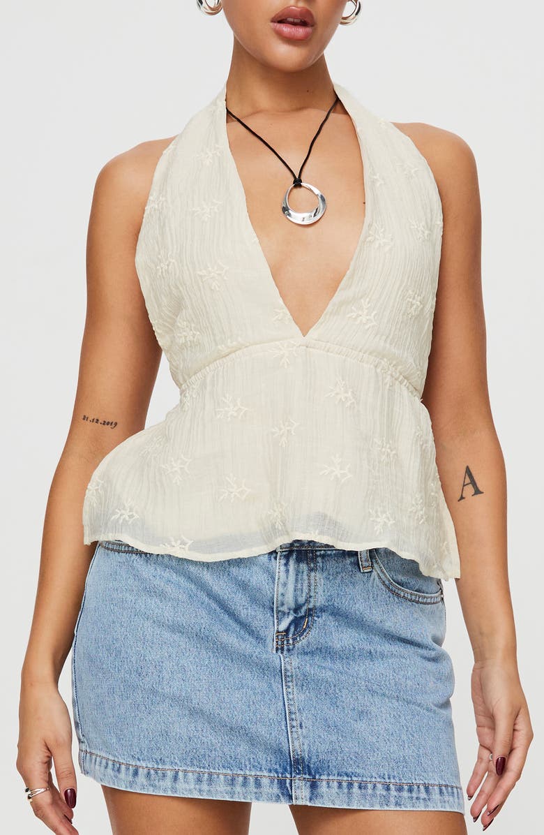 Princess Polly Sosna Embroidered Open Back Halter Top, Main, color, Medium Beige