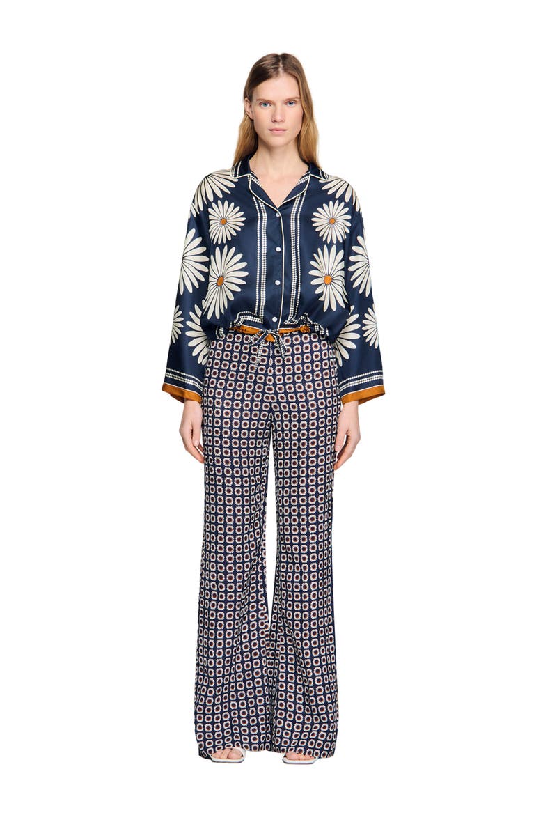 Floral print silk shirt, Alternate, color, Deep blue / ocher
