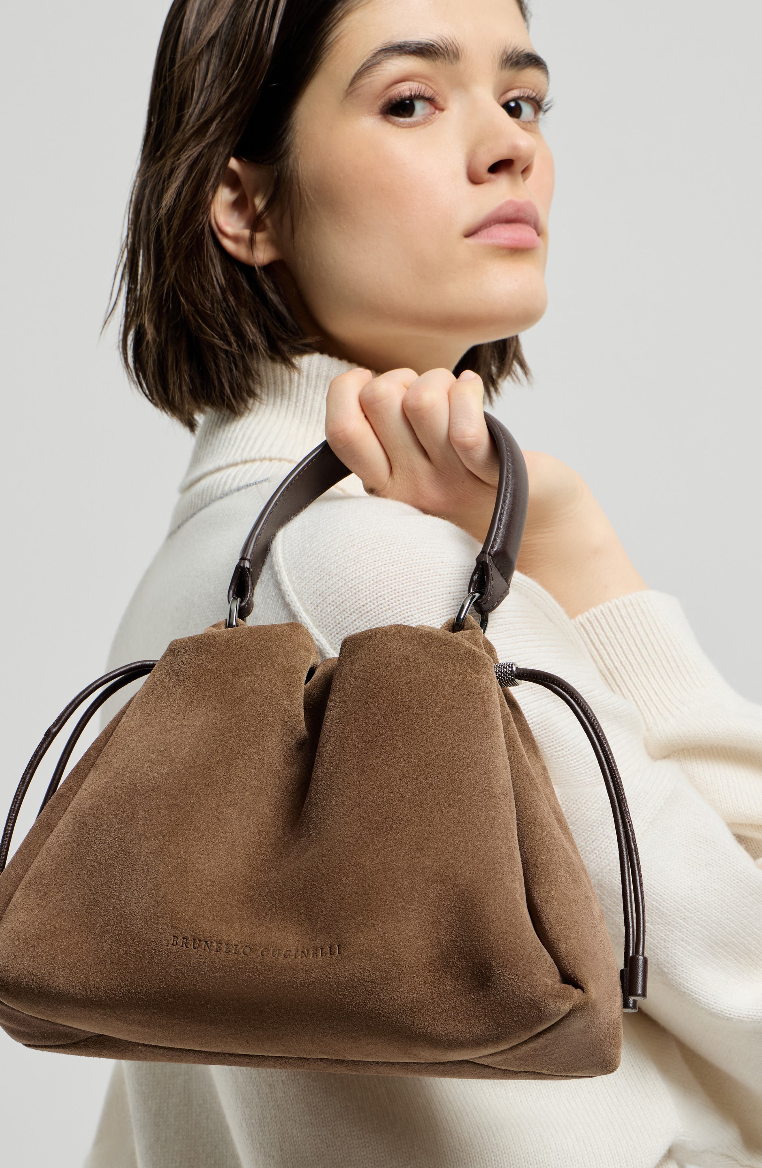 Mellow small bucket bag in suede with monili, Alternate, color, Caramel