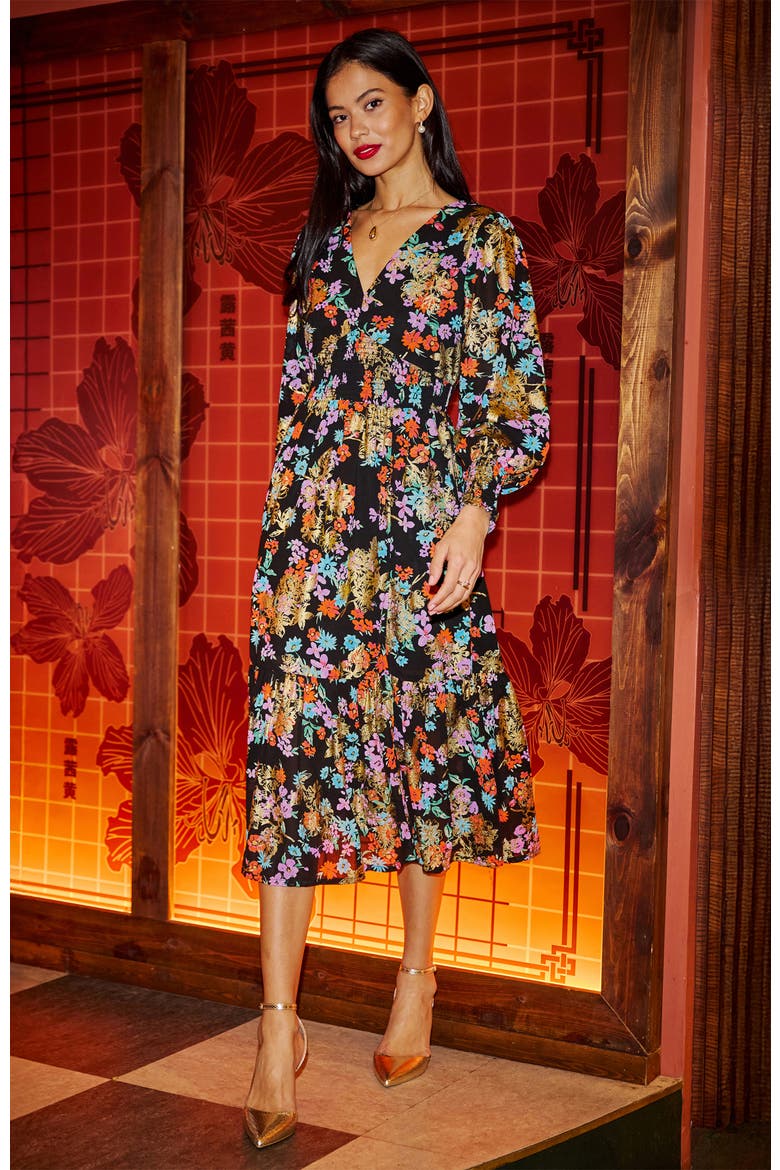 Floral And Foil Ruched Midi Dress, Alternate, color, Black