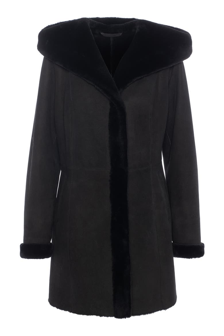Merino Shearling Hooded Coat, Alternate, color, BLACK