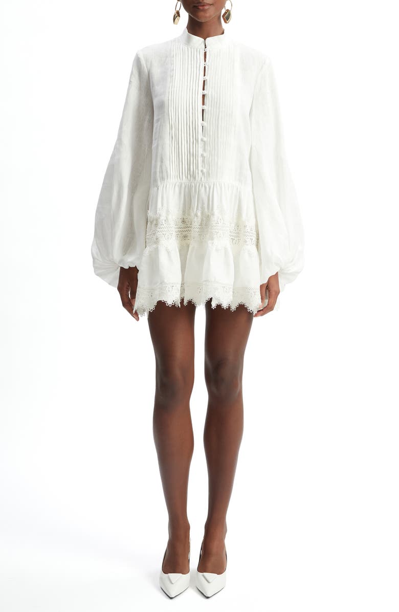 Bardot Antonia Lace Trim Long Sleeve Linen Minidress, Main, color,