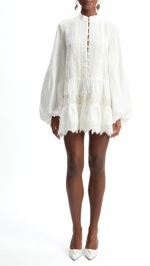 Antonia Lace Trim Long Sleeve Linen Minidress