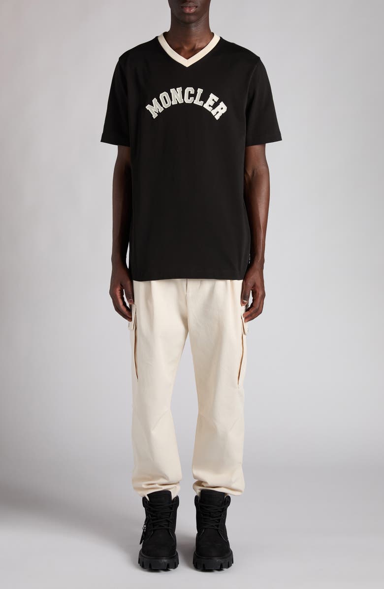Moncler Logo Patch V-Neck Cotton T-Shirt, Alternate, color, Black