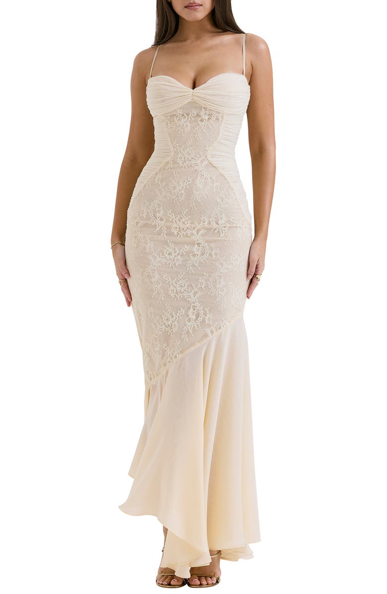 HOUSE OF CB Felicia Lace Inset Mermaid Gown, Main, color, Macademia