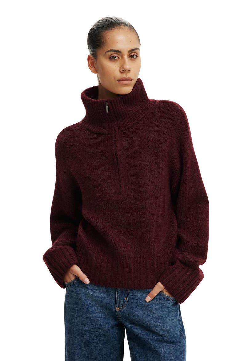Women's Luxe Funnel Zip Pullover, Alternate, color, Sour Cherry Marle