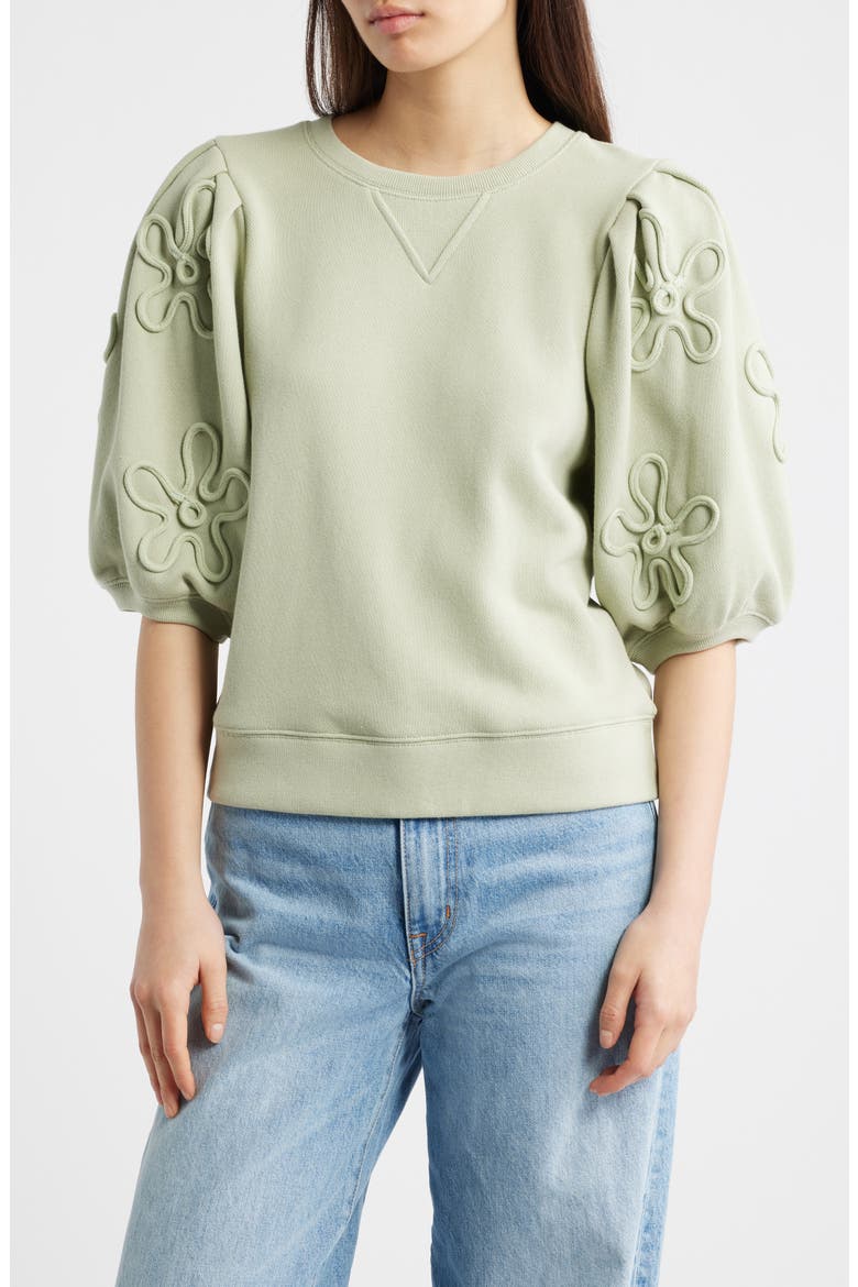 Camy Floral Puff Sleeve Cotton Sweatshirt, Main, color, VINTAGE SAGE