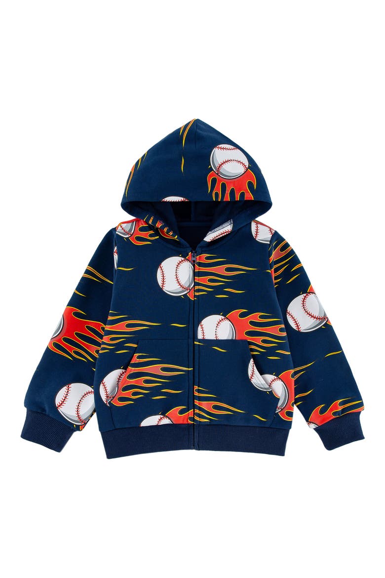 Kids' Flaming Baseball Print Zip Hoodie, Main, color, BLUE