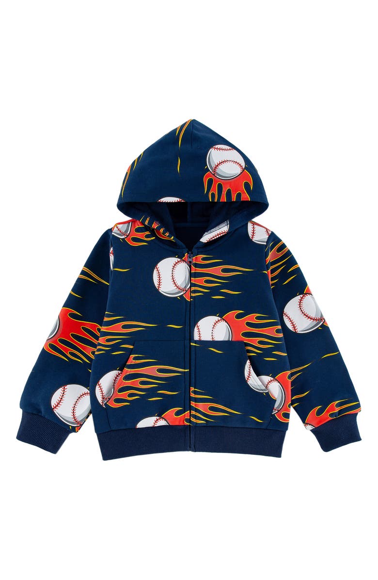 CALONIE Kids' Flaming Baseball Print Zip Hoodie, Main, color, Blue