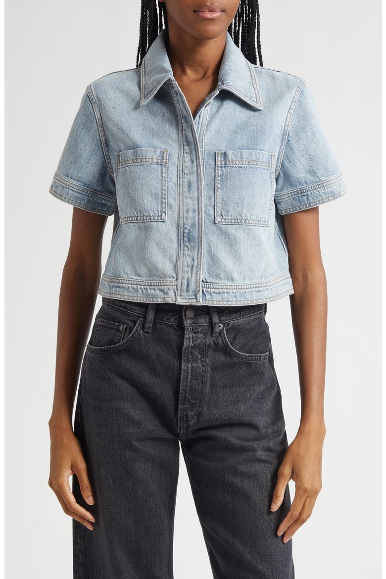 Tesha Crop Denim Button-Up Shirt, Main, color, ROCKSTAR BLUE