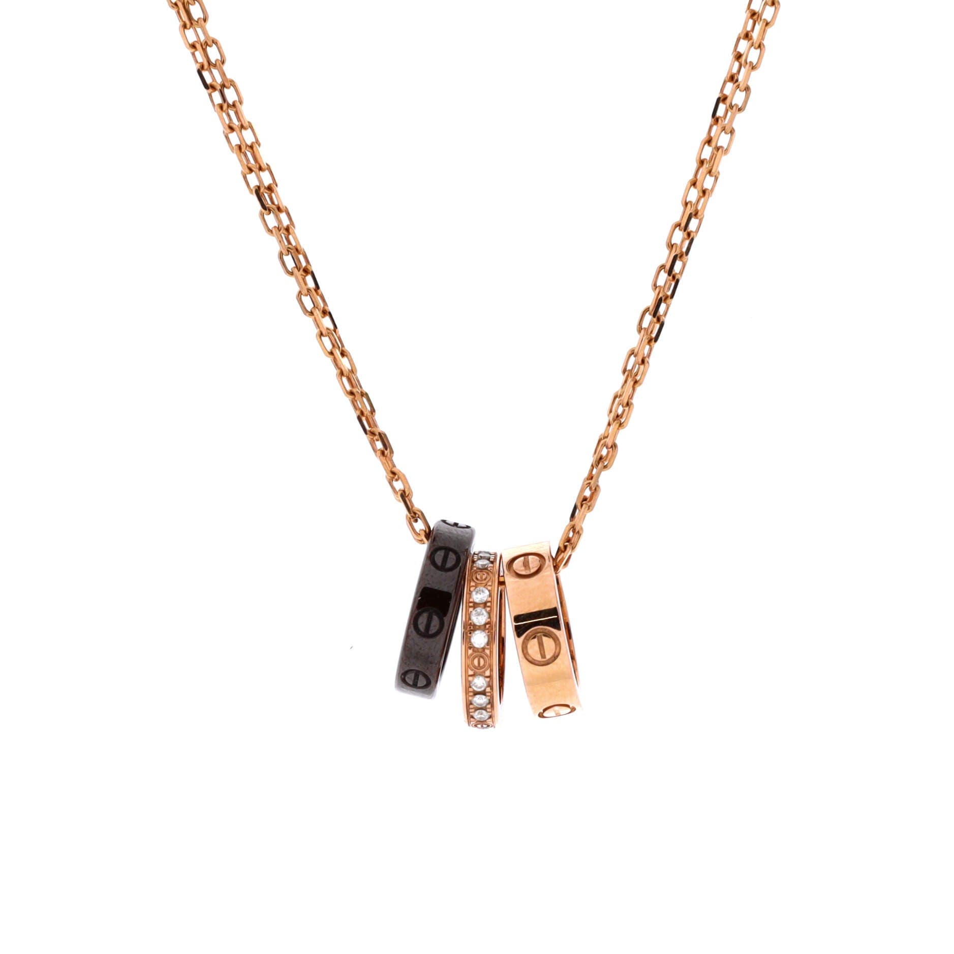 Love 3 Ring Pendant Necklace 18K Rose Gold and Ceramic with Diamonds, Main, color, Metallic Gold