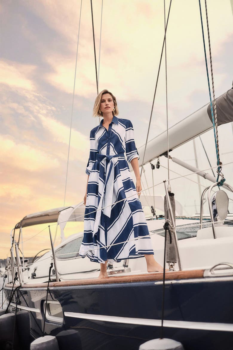 Cotton Stripe Print Fit and Flare Shirt Dress with Reversible Sash, Alternate, color, Navy/White