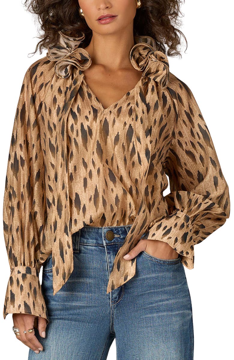 Wit & Wisdom Wired Ruffle Animal Print Top, Main, color, Caramel Latte/ Charcoal Multi