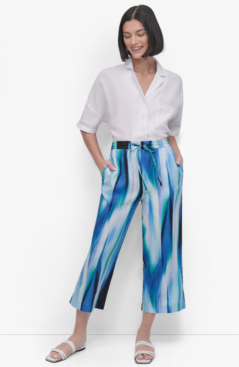 DKNY Abstract Print Crop Linen Drawstring Pants, Alternate, color, 